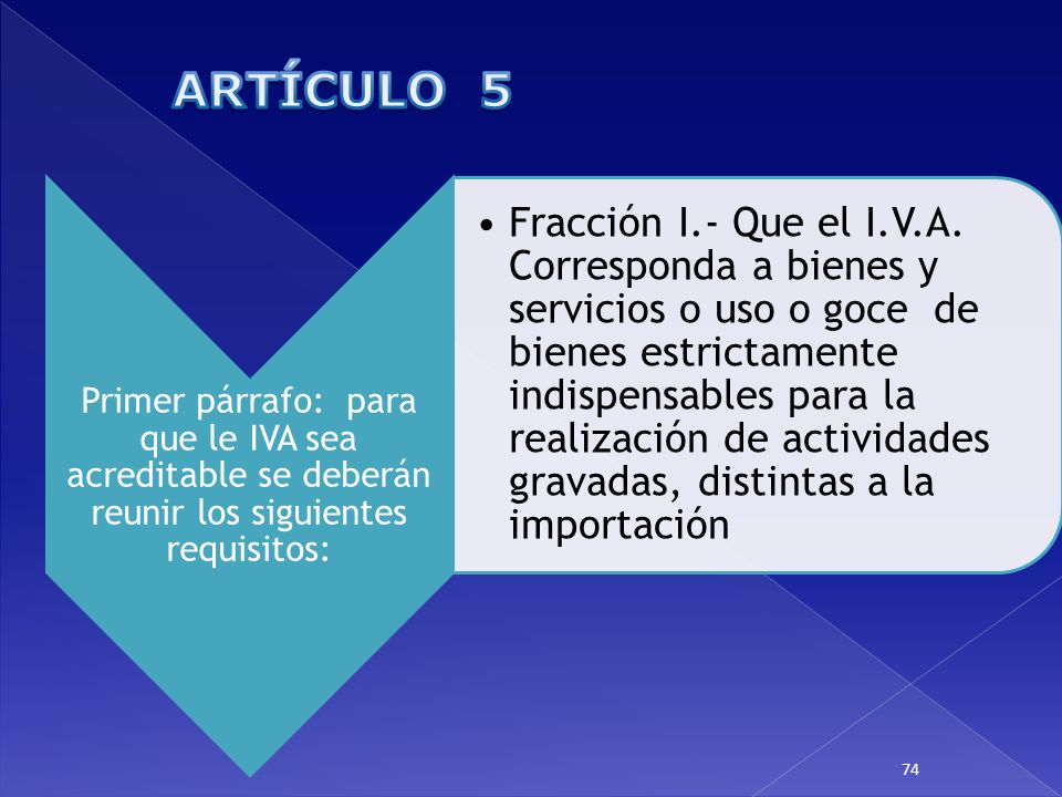 ARTÍCULO 5 Primer párrafo: para que le IVA sea acreditable se deberán reunir los siguientes requisitos: