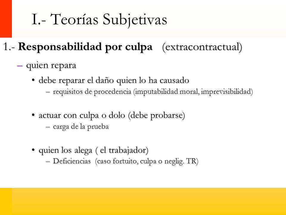 I.- Teorías Subjetivas 1.- Responsabilidad por culpa (extracontractual) quien repara. debe reparar el daño quien lo ha causado.