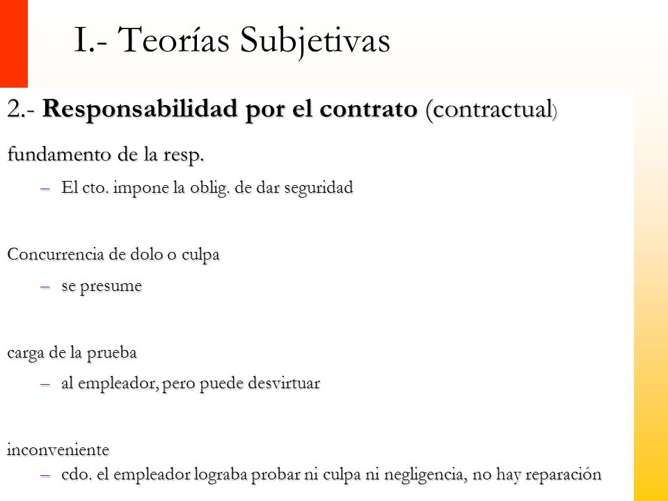 I.- Teorías Subjetivas 2.- Responsabilidad por el contrato (contractual) fundamento de la resp. El cto. impone la oblig. de dar seguridad.