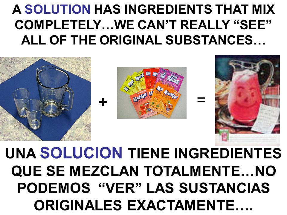 A SOLUTION HAS INGREDIENTS THAT MIX COMPLETELY…WE CAN’T REALLY SEE ALL OF THE ORIGINAL SUBSTANCES…