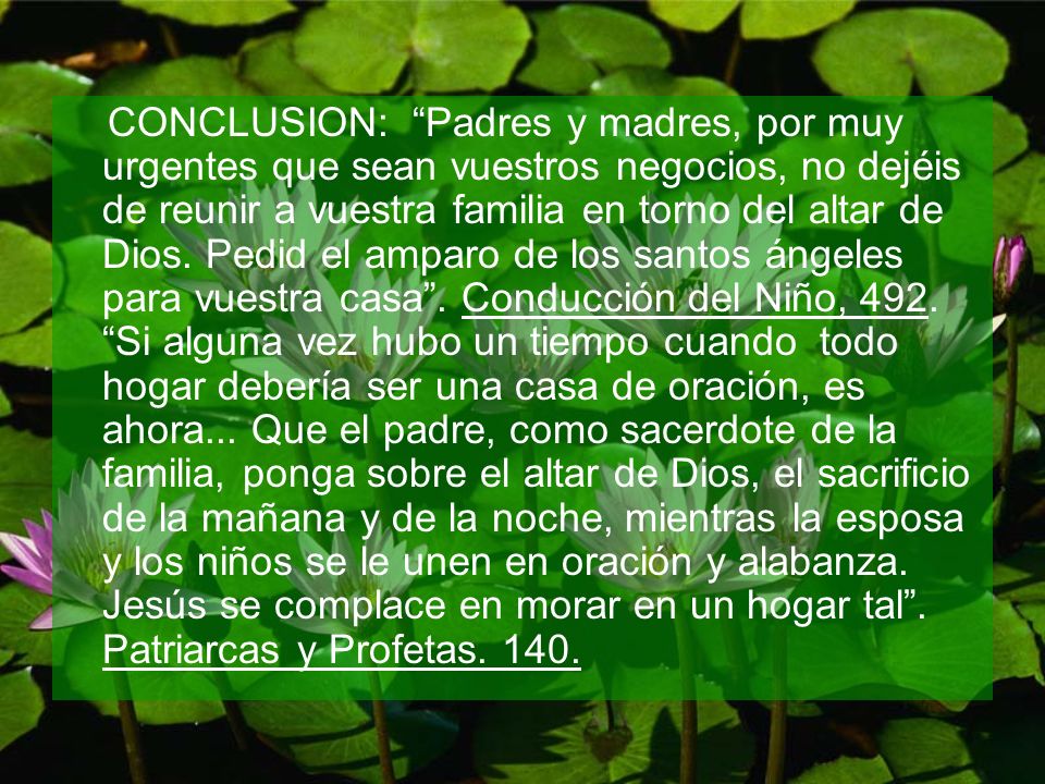 CONCLUSION: Padres y madres, por muy urgentes que sean vuestros negocios, no dejéis de reunir a vuestra familia en torno del altar de Dios.