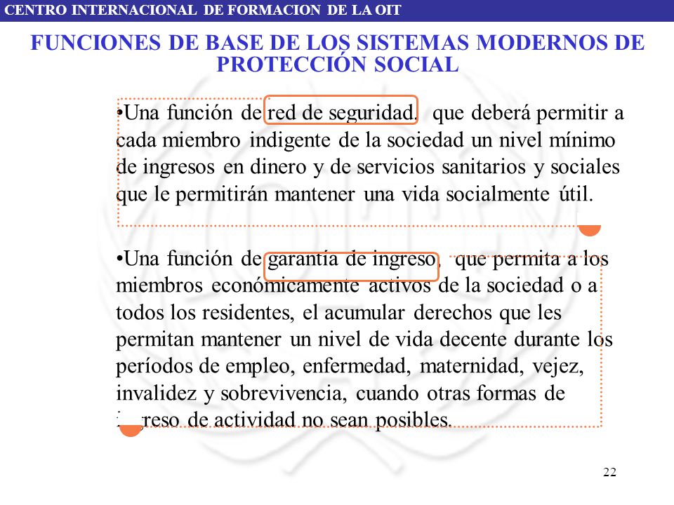FUNCIONES DE BASE DE LOS SISTEMAS MODERNOS DE PROTECCIÓN SOCIAL