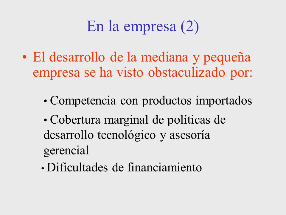 En la empresa (2) El desarrollo de la mediana y pequeña empresa se ha visto obstaculizado por: Competencia con productos importados.