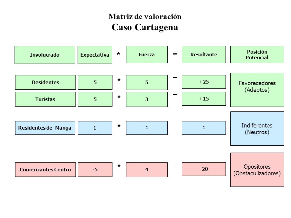 Caso Cartagena Matriz de valoración * = = * = * * * = Favorecedores