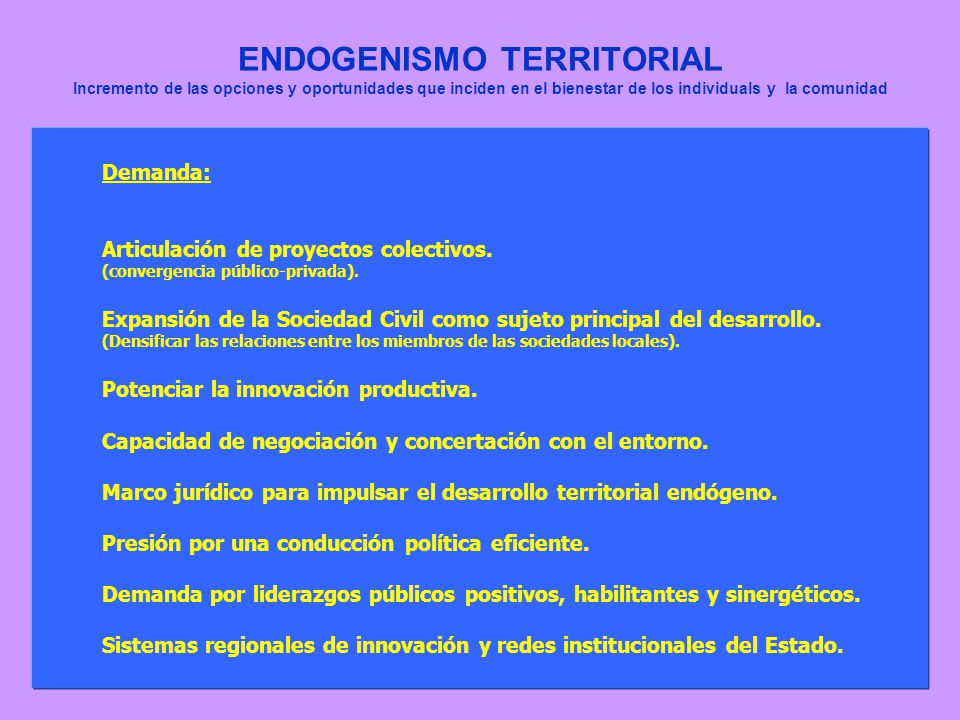ENDOGENISMO TERRITORIAL Incremento de las opciones y oportunidades que inciden en el bienestar de los individuals y la comunidad