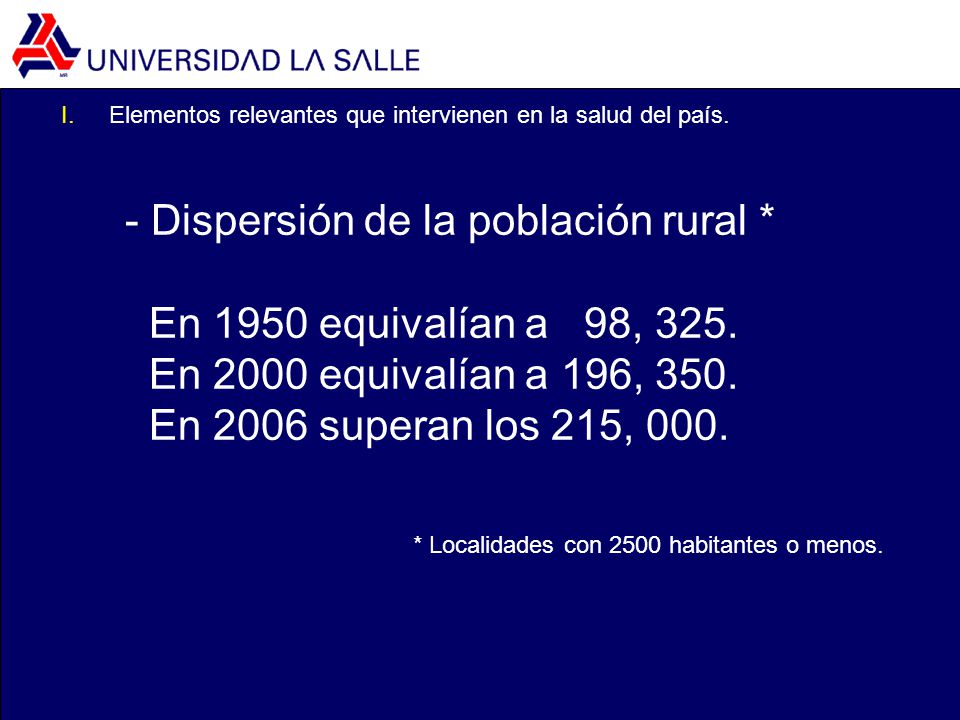 - Dispersión de la población rural * En 1950 equivalían a 98, 325.