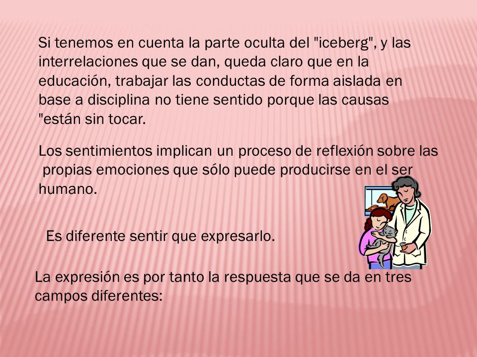 Si tenemos en cuenta la parte oculta del iceberg , y las interrelaciones que se dan, queda claro que en la educación, trabajar las conductas de forma aislada en base a disciplina no tiene sentido porque las causas están sin tocar.
