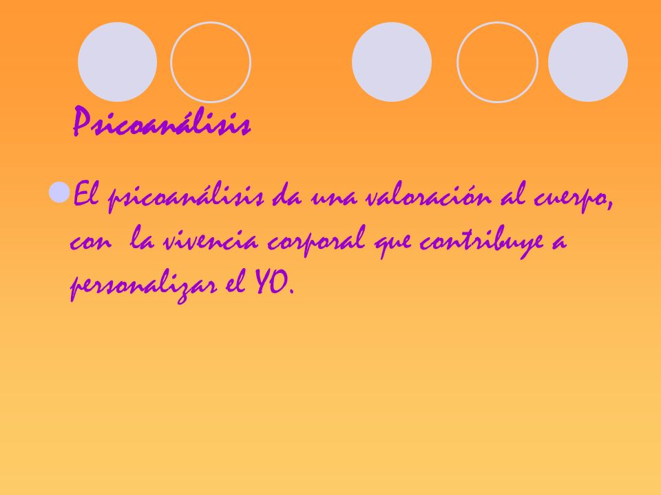 Psicoanálisis El psicoanálisis da una valoración al cuerpo, con la vivencia corporal que contribuye a personalizar el YO.