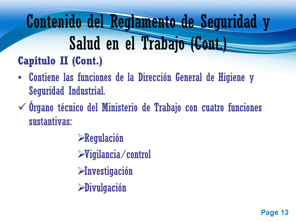 Contenido del Reglamento de Seguridad y Salud en el Trabajo (Cont.)