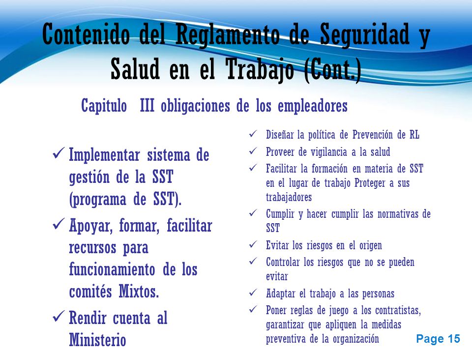 Contenido del Reglamento de Seguridad y Salud en el Trabajo (Cont.)