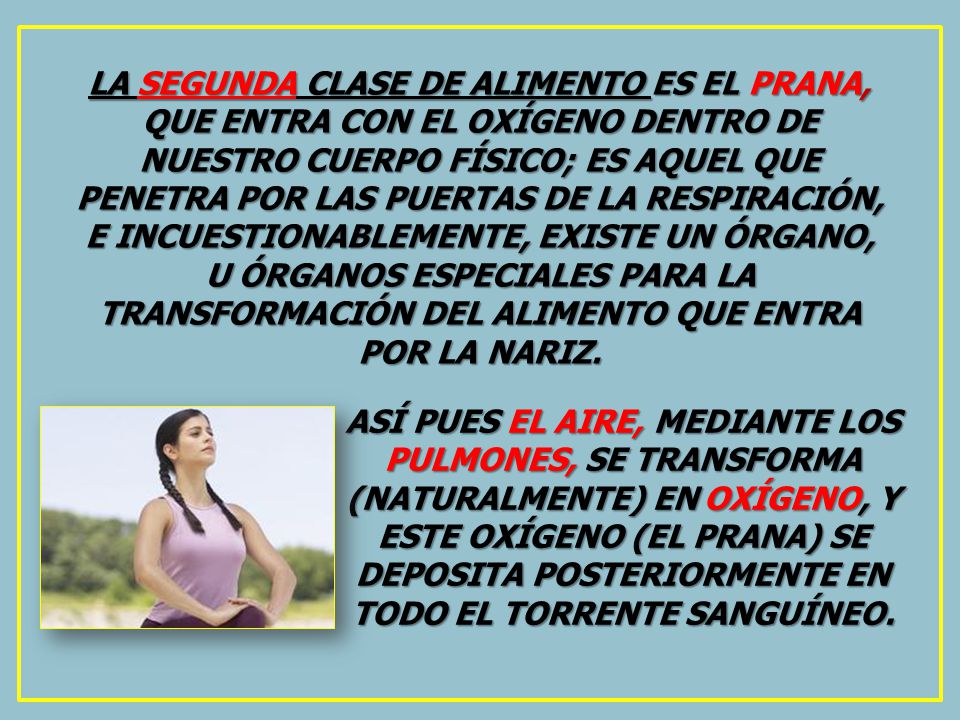 LA SEGUNDA CLASE DE ALIMENTO ES EL PRANA, QUE ENTRA CON EL OXÍGENO DENTRO DE NUESTRO CUERPO FÍSICO; ES AQUEL QUE PENETRA POR LAS PUERTAS DE LA RESPIRACIÓN, E INCUESTIONABLEMENTE, EXISTE UN ÓRGANO, U ÓRGANOS ESPECIALES PARA LA TRANSFORMACIÓN DEL ALIMENTO QUE ENTRA POR LA NARIZ.