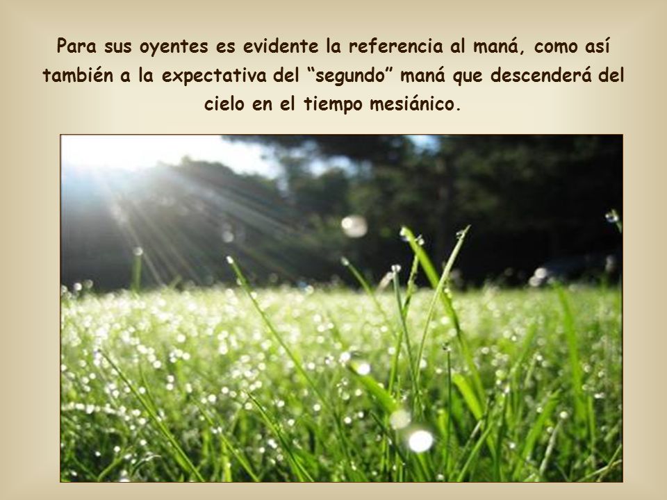 Para sus oyentes es evidente la referencia al maná, como así también a la expectativa del segundo maná que descenderá del cielo en el tiempo mesiánico.