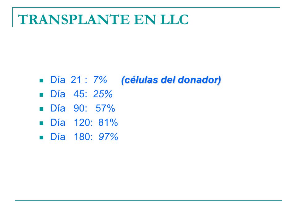 TRANSPLANTE EN LLC Día 21 : 7% (células del donador) Día 45: 25%