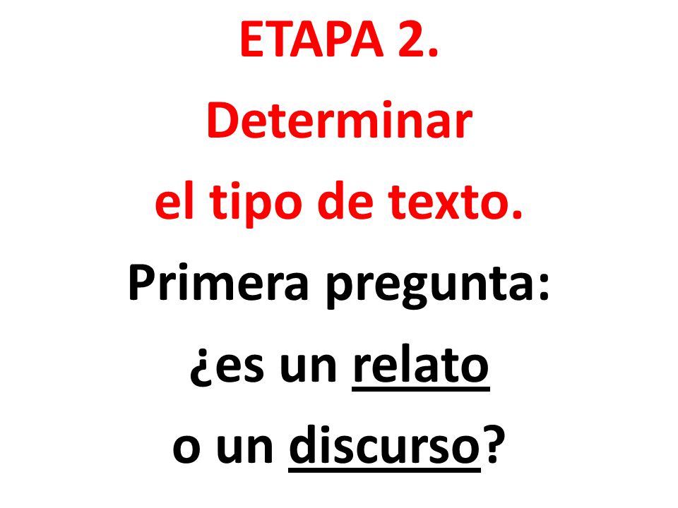 ETAPA 2. Determinar el tipo de texto. Primera pregunta: ¿es un relato o un discurso