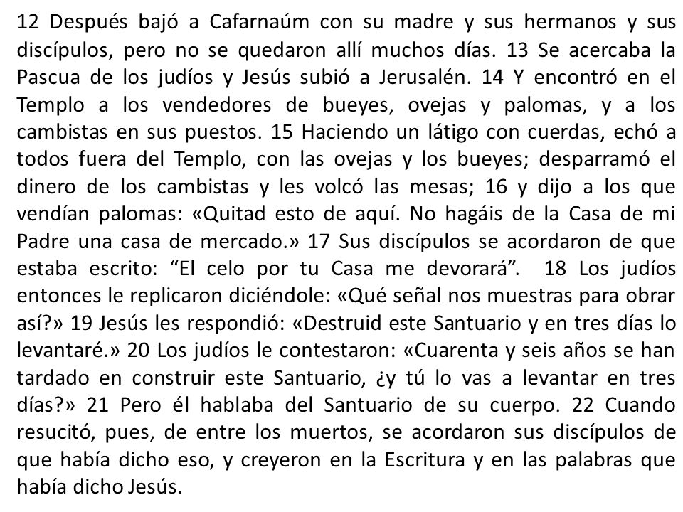12 Después bajó a Cafarnaúm con su madre y sus hermanos y sus discípulos, pero no se quedaron allí muchos días.