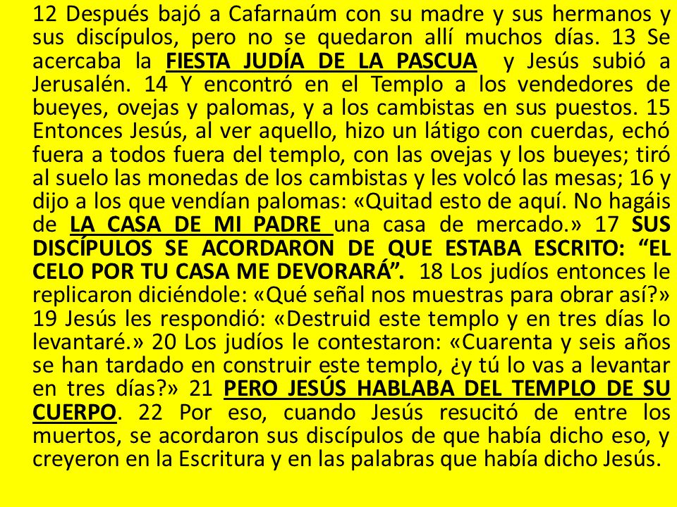 12 Después bajó a Cafarnaúm con su madre y sus hermanos y sus discípulos, pero no se quedaron allí muchos días.