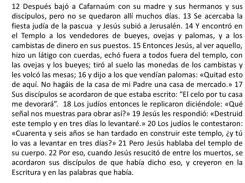12 Después bajó a Cafarnaúm con su madre y sus hermanos y sus discípulos, pero no se quedaron allí muchos días.