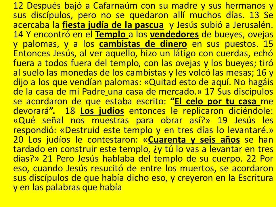 12 Después bajó a Cafarnaúm con su madre y sus hermanos y sus discípulos, pero no se quedaron allí muchos días.