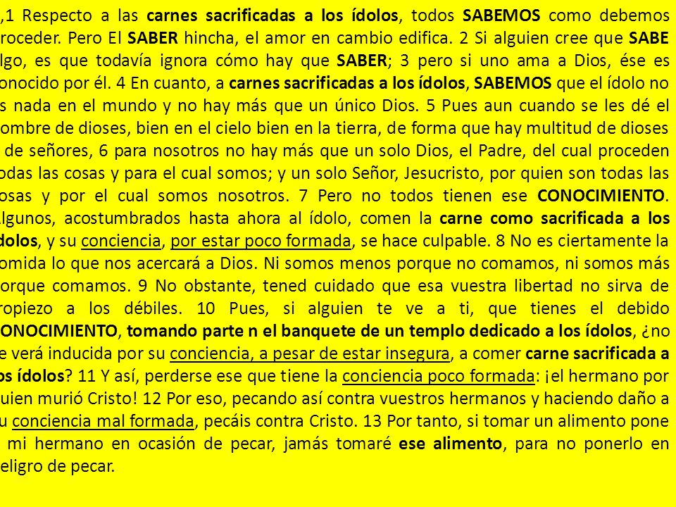 8,1 Respecto a las carnes sacrificadas a los ídolos, todos SABEMOS como debemos proceder.