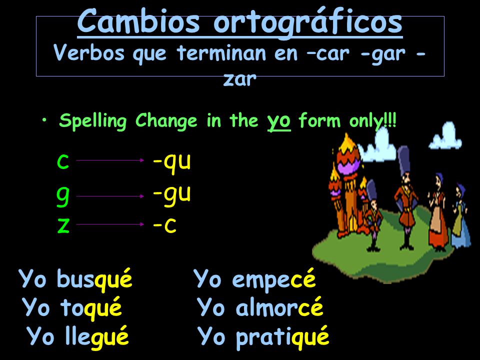 Cambios ortográficos Verbos que terminan en –car -gar -zar
