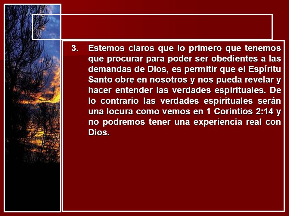 Estemos claros que lo primero que tenemos que procurar para poder ser obedientes a las demandas de Dios, es permitir que el Espíritu Santo obre en nosotros y nos pueda revelar y hacer entender las verdades espirituales.