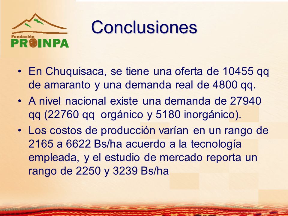 Conclusiones En Chuquisaca, se tiene una oferta de qq de amaranto y una demanda real de 4800 qq.