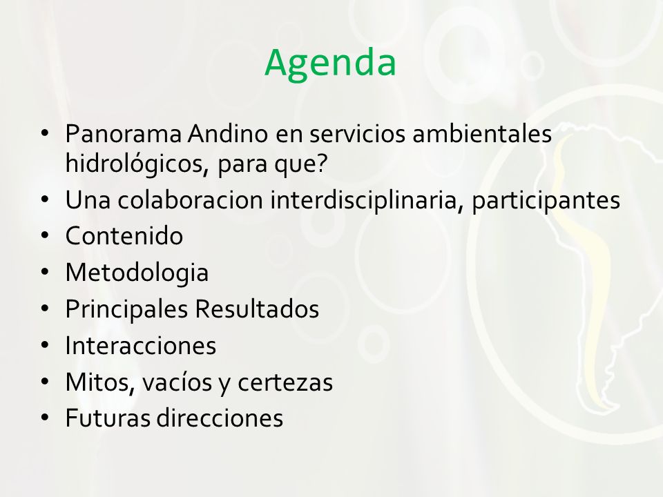 Agenda Panorama Andino en servicios ambientales hidrológicos, para que Una colaboracion interdisciplinaria, participantes.