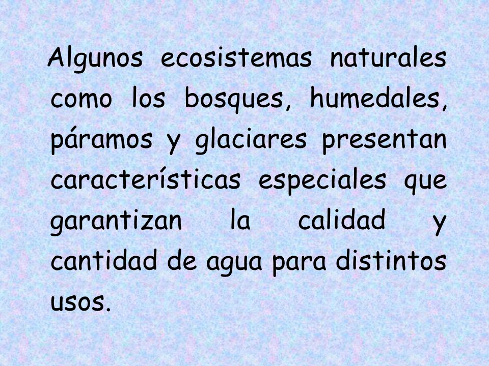 Algunos ecosistemas naturales como los bosques, humedales, páramos y glaciares presentan características especiales que garantizan la calidad y cantidad de agua para distintos usos.