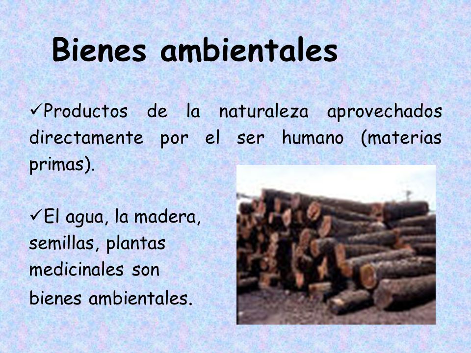 Bienes ambientales Productos de la naturaleza aprovechados directamente por el ser humano (materias primas).