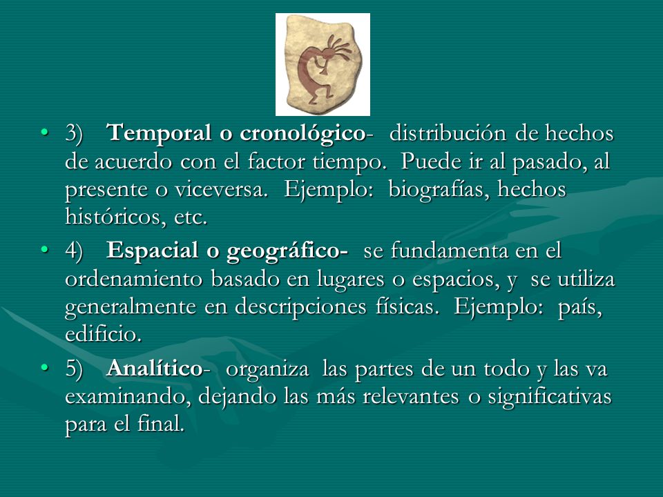 3) Temporal o cronológico- distribución de hechos de acuerdo con el factor tiempo. Puede ir al pasado, al presente o viceversa. Ejemplo: biografías, hechos históricos, etc.