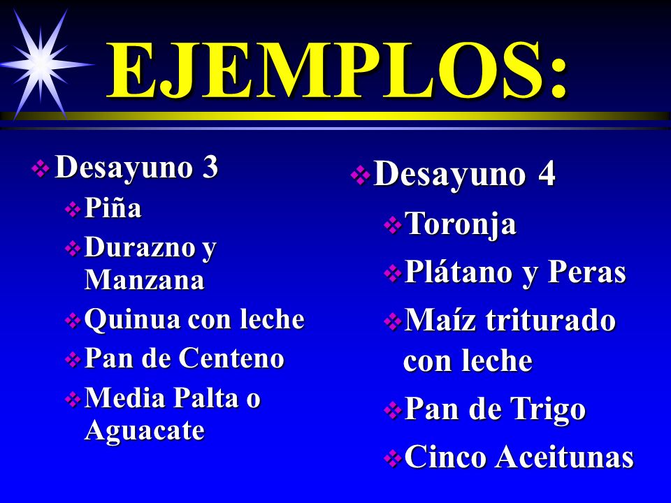 EJEMPLOS: Desayuno 4 Desayuno 3 Toronja Plátano y Peras
