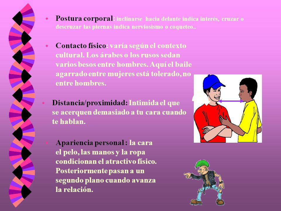 Postura corporal: inclinarse hacia delante indica interés, cruzar o descruzar las piernas indica nerviosismo o coqueteo..