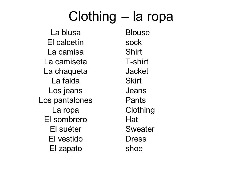 Clothing – la ropa La blusa El calcetín La camisa La camiseta