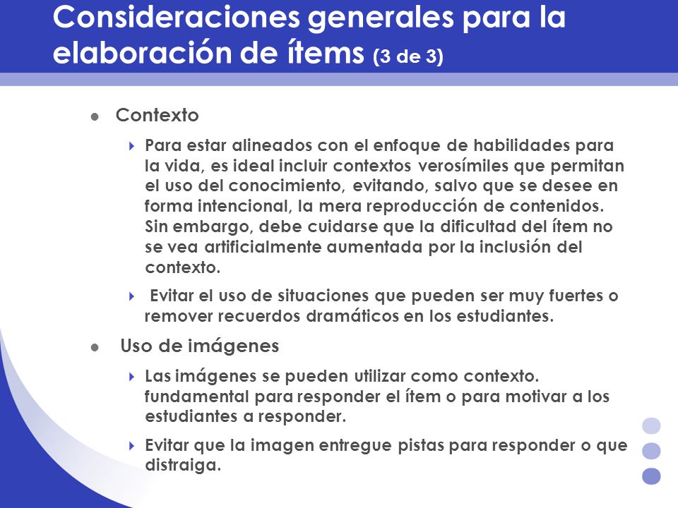 Consideraciones generales para la elaboración de ítems (3 de 3)