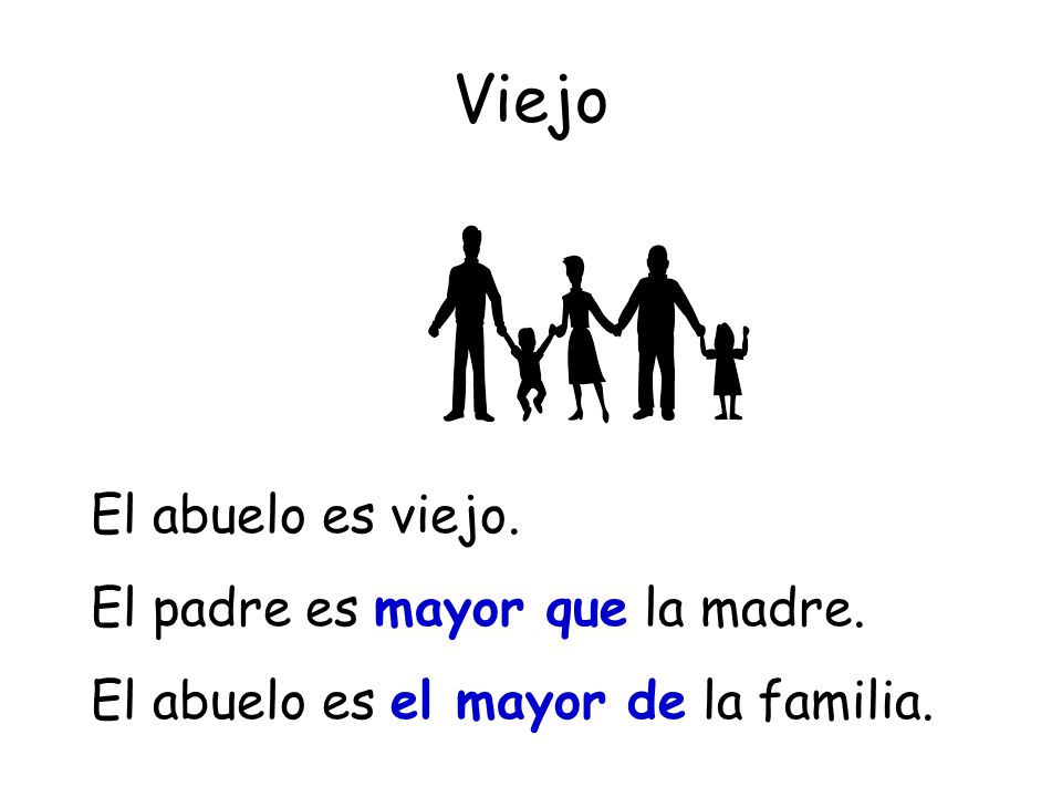 Viejo El abuelo es viejo. El padre es mayor que la madre.