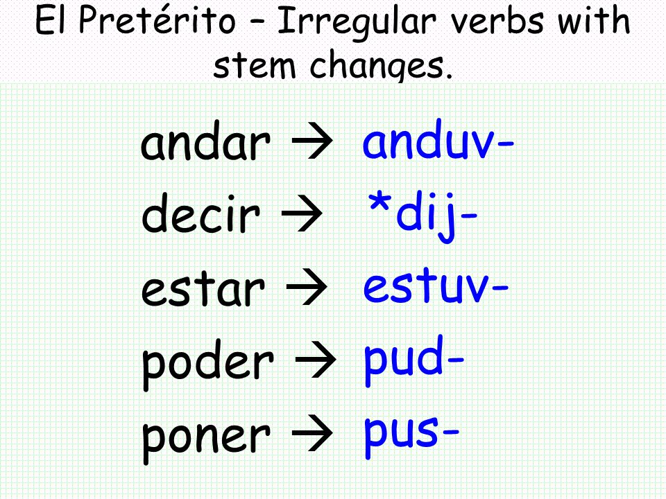 El Pretérito – Irregular verbs with stem changes.