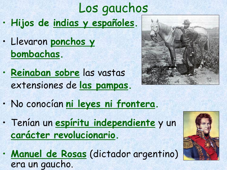 Los gauchos Hijos de indias y españoles. Llevaron ponchos y bombachas.