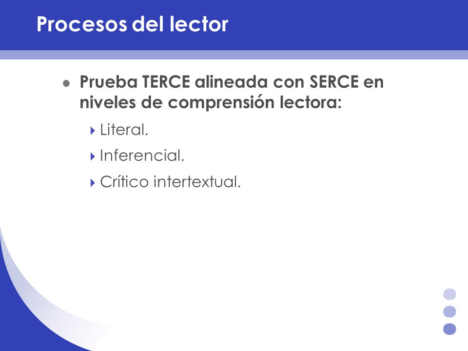 Procesos del lector Prueba TERCE alineada con SERCE en niveles de comprensión lectora: Literal. Inferencial.