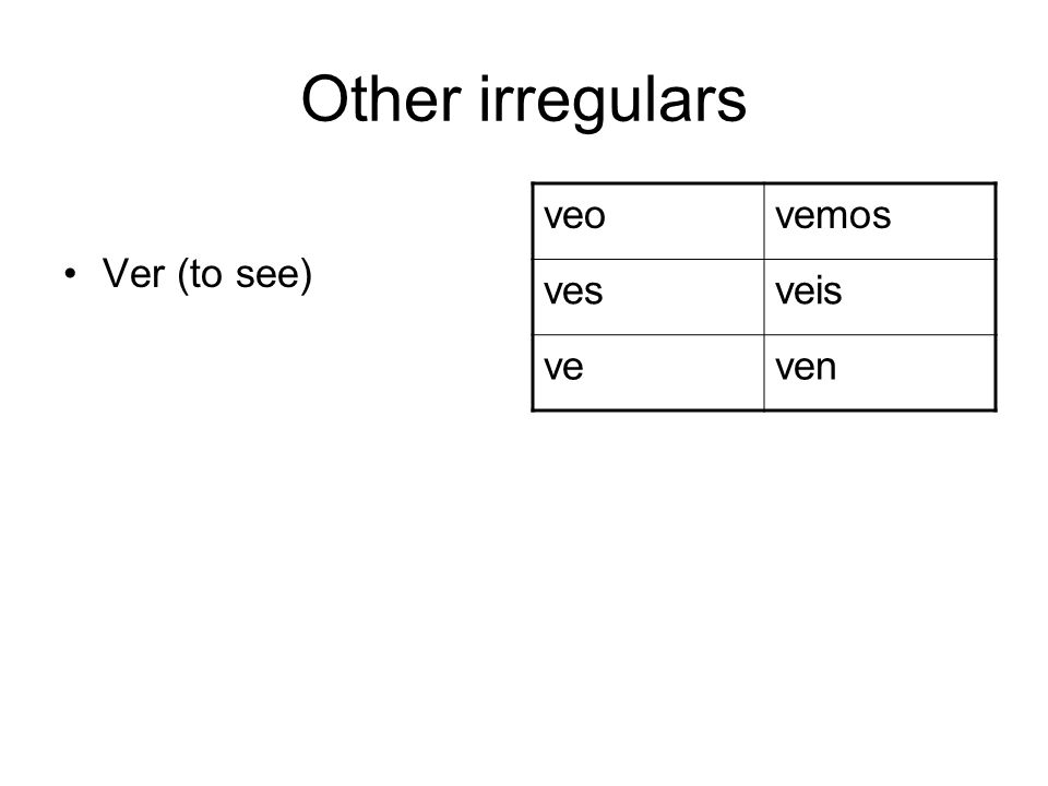 Other irregulars Ver (to see) veo vemos ves veis ve ven