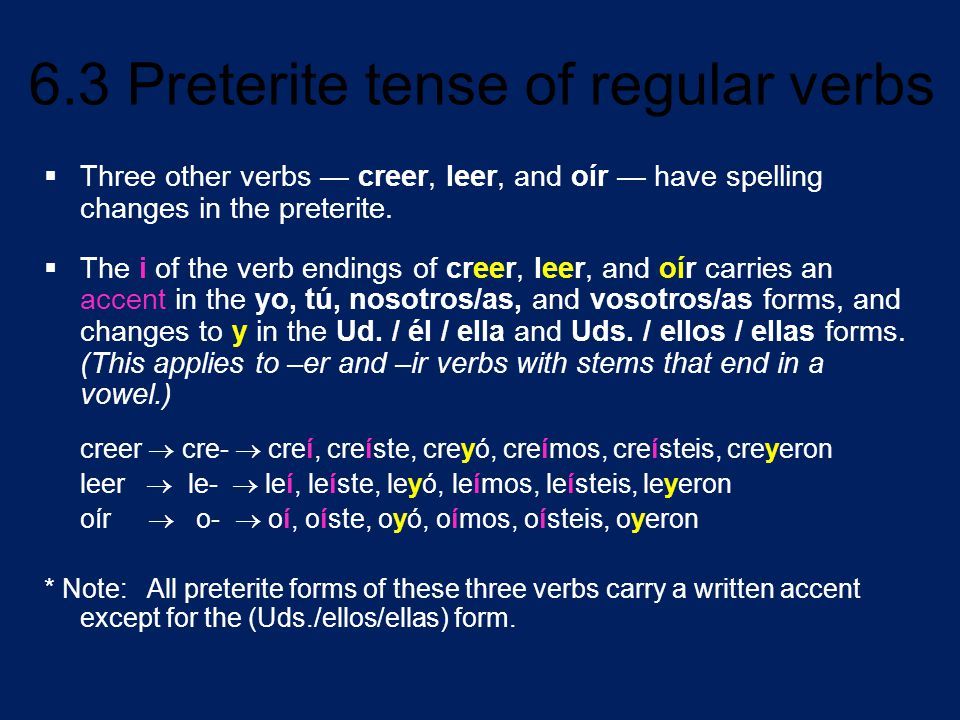 Three other verbs — creer, leer, and oír — have spelling changes in the preterite.