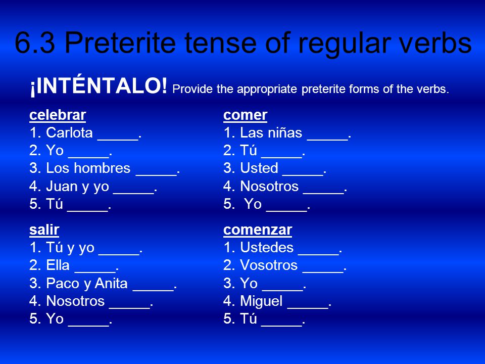 ¡INTÉNTALO! Provide the appropriate preterite forms of the verbs.