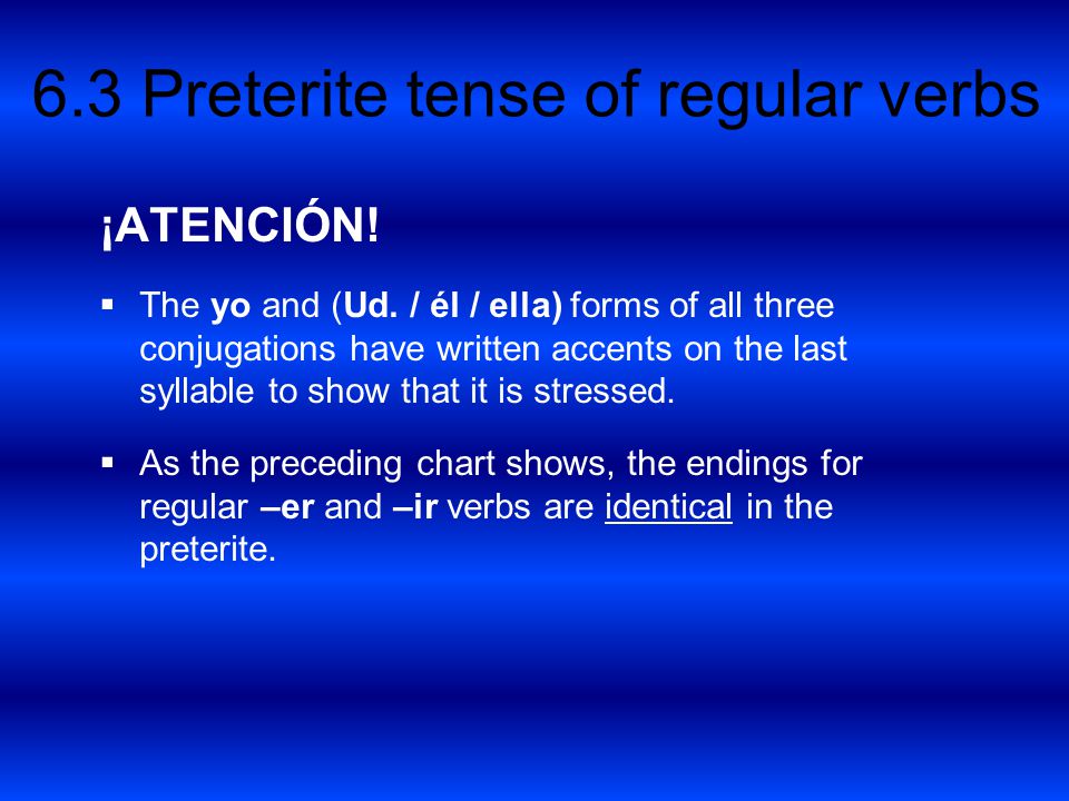 ¡ATENCIÓN! The yo and (Ud. / él / ella) forms of all three conjugations have written accents on the last syllable to show that it is stressed.