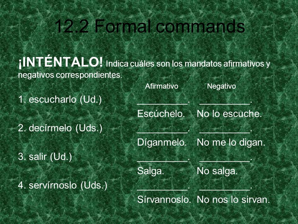 ¡INTÉNTALO! Indica cuáles son los mandatos afirmativos y negativos correspondientes.