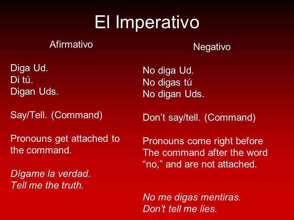 El Imperativo Afirmativo Negativo Diga Ud. No diga Ud. Di tú.