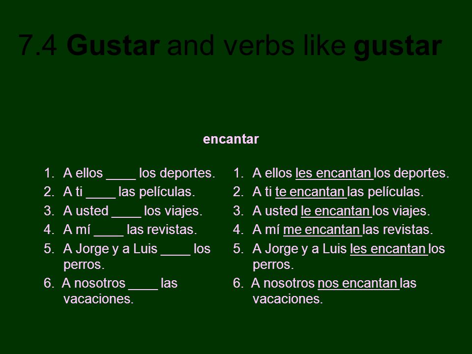 encantar A ellos ____ los deportes. A ti ____ las películas. A usted ____ los viajes. A mí ____ las revistas.