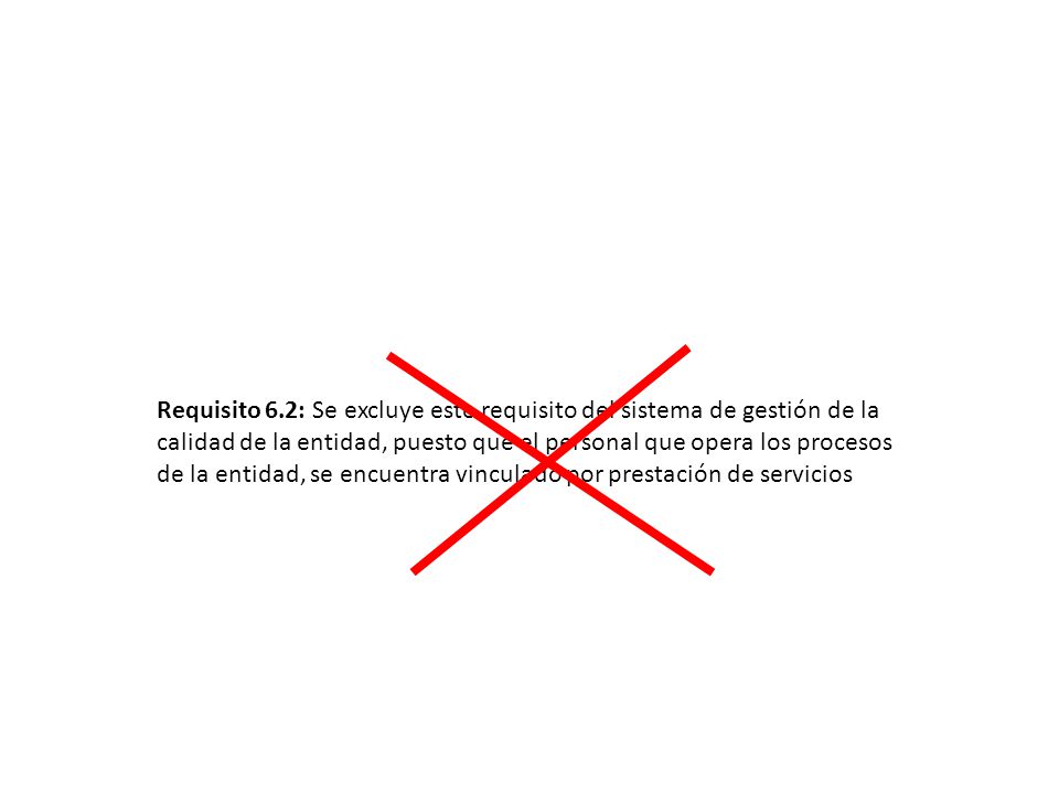 Requisito 6.2: Se excluye este requisito del sistema de gestión de la calidad de la entidad, puesto que el personal que opera los procesos de la entidad, se encuentra vinculado por prestación de servicios