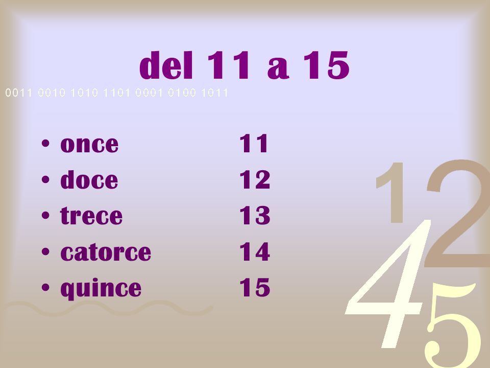 del 11 a 15 once 11 doce 12 trece 13 catorce 14 quince 15