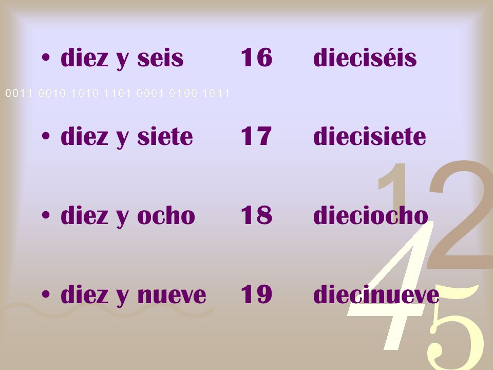 diez y seis 16 dieciséis diez y siete 17 diecisiete.