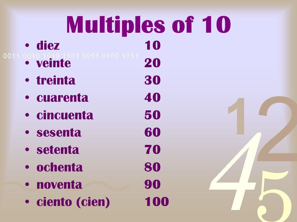 Multiples of 10 diez 10 veinte 20 treinta 30 cuarenta 40 cincuenta 50