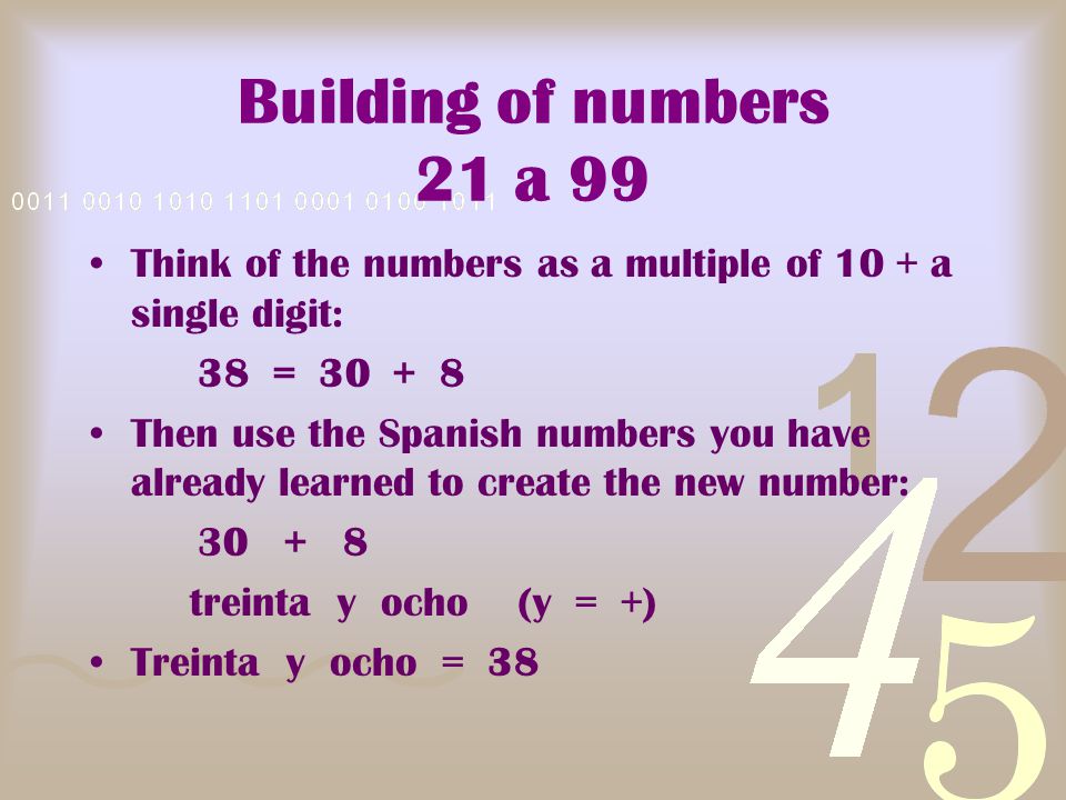 Building of numbers 21 a 99 Think of the numbers as a multiple of 10 + a single digit: 38 =